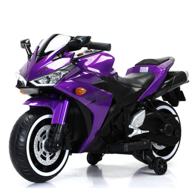 Moto électrique pour enfants violette, batterie 12 V 7 Ah, moteur 25 W, USB/MP3, indicateur de batterie, phare DEL, roues lumineuses, Bluetooth, marche avant/arrière