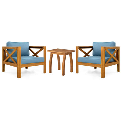 Ensemble de conversation pour patio, siège de loisirs en bois pour l'extérieur (ensemble de 2), fauteuil avec coussins, table de bout en bois d'acacia Selma, finition teck, coussin bleu