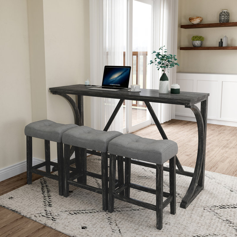 Bar Table And Chairs Set With Power Outlet, Black