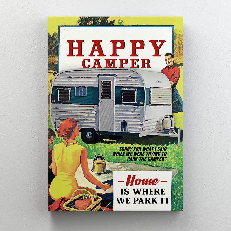 «A Family Camping - Happy Camper, Home Is Where We Park It», reproduction d'art graphique sur toile tendue 1 pièce