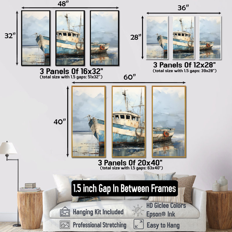 Bleu et blanc bateau de pêche I - ensemble de salon d'art mural bateau côtier, Cadre flottant noir, 28" H x 36" W x 1" D