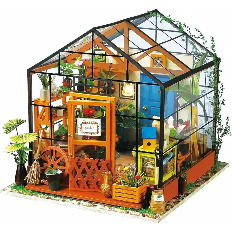 Cathy's Flower House Mini Greenhouse DIY Dollhouse Wooden Miniature Furniture Kit With LED - Ideal Birthday Gift