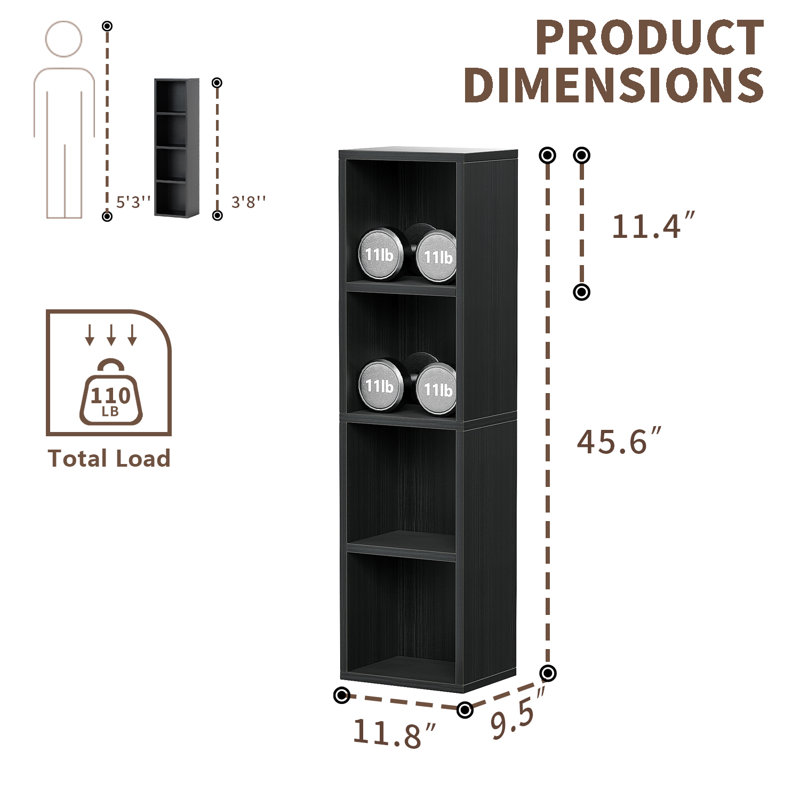 Wooden Bookshelf, Cube Storage Shelf, Floor Organizer for Bedroom, Living Room, Black, (4 Shelves) 45.87"H x 11.81"W x 9.45"D