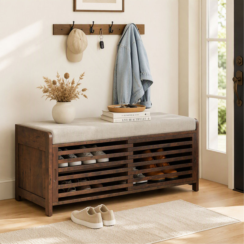Banc à chaussures en volets vieillis avec rangement et coussin, charme rétro pour salon et entrée, Espresso