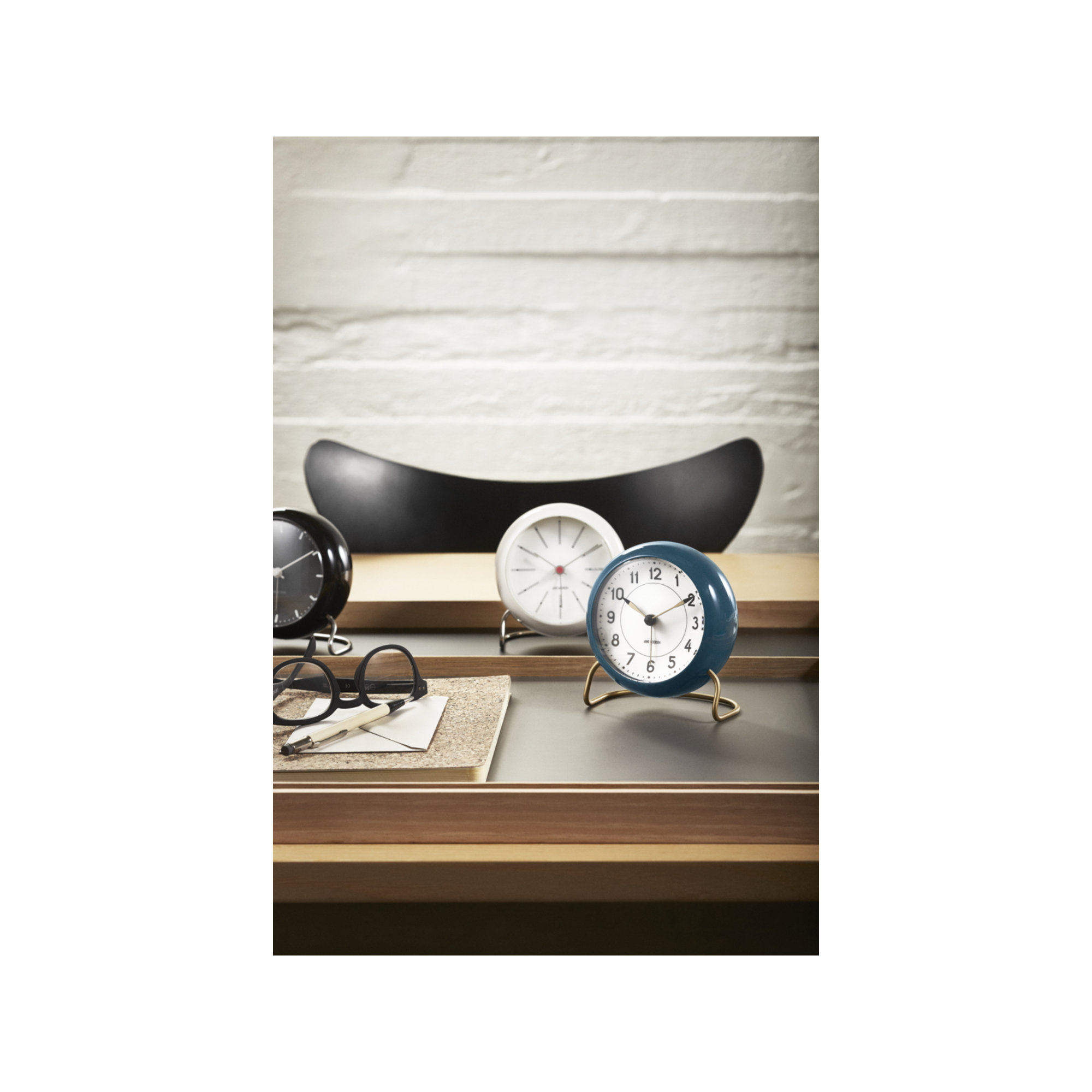 Station Analog Electric Alarm Tabletop Clock, White/Teal/Gold