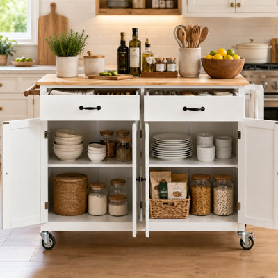 54.3 Inch Width Kitchen Island Cart with Cabinet and Drawers, 2 Locking Wheels, Adjustable Shelves