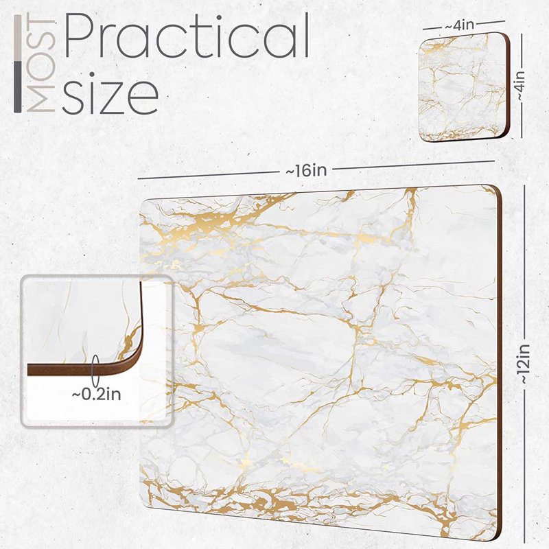 Set Of 4 Heat Resistant Cork Placemats For Dining Table With Free Set Of 4 Matching Drink Coasters Marble Design 16 X 12 Inches Cork Backed Hard Placemats (Foiled Gold)
