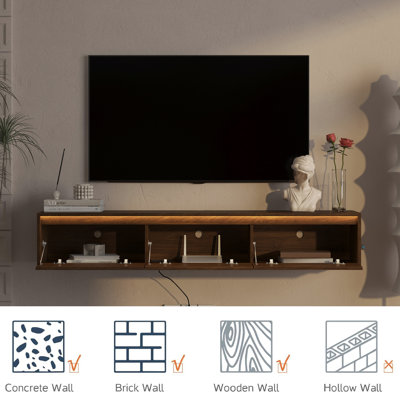 Floating TV Stand, Wall Mounted TV Shelf With Led Lights & Power Outlet High Gloss TV Cabinet For Wood TV Stands Living Room