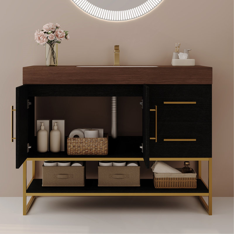 Meuble-lavabo autoportant moderne 36 po avec lavabo en céramique sans couture et plateau en pierre frittée, Center, Black