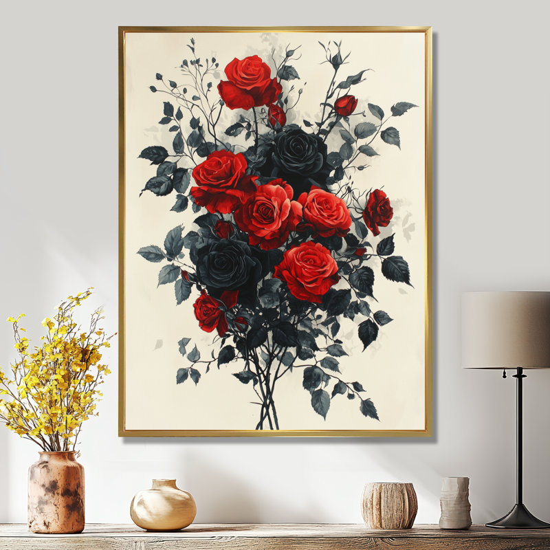 Hurst Midnight Red Black Roses Bouquet - Roses, reproduction sur toile encadrée, H 32 po x l 16 po, Doré