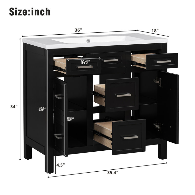 Meuble-lavabo 36 po avec lavabo intégré en résine Monzerat 36 po - 4 tiroirs, 2 portes, Argent argent, Noir, noir, noir, noir