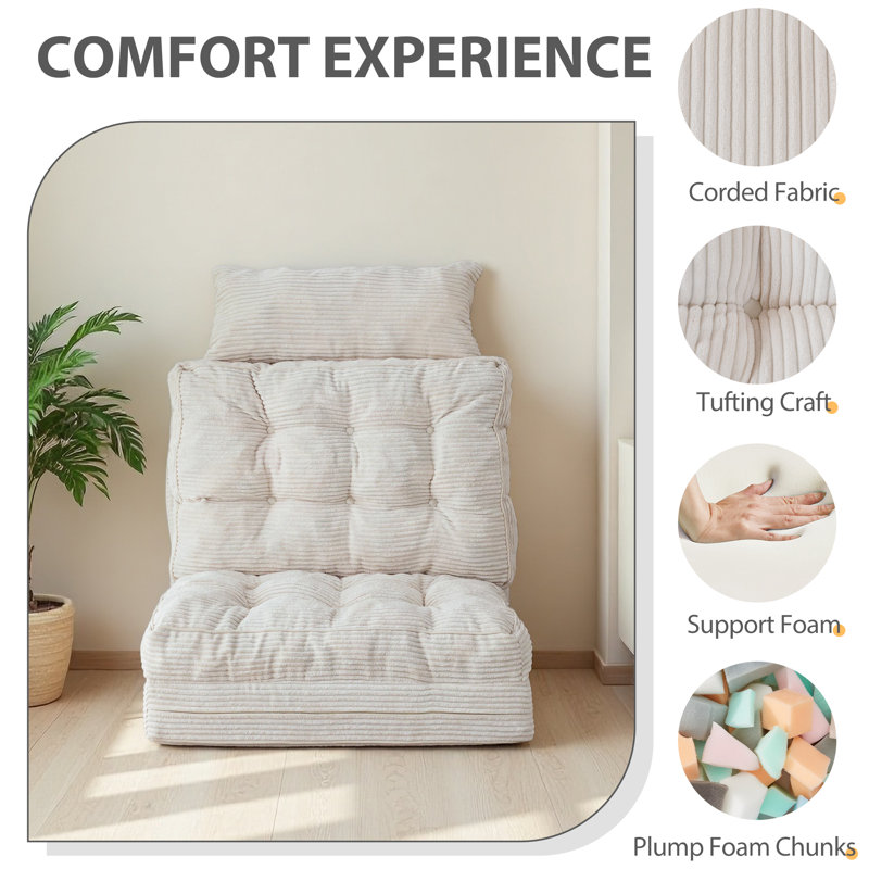 Corduroy Bean Bag Chair Tufted Folding Sofa Bed with Pillows, Cream Corduroy, 4.7" H x 28" W x 89" D