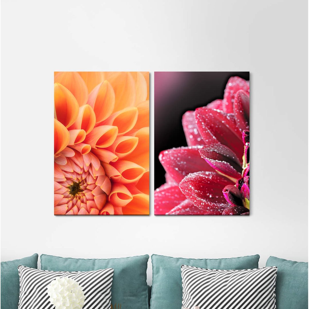 2-tlg. Leinwandbilder-Set - Grafikdruck „Dahlia Zinnias Summer Flowers Blossoms Harmonious Relaxing”