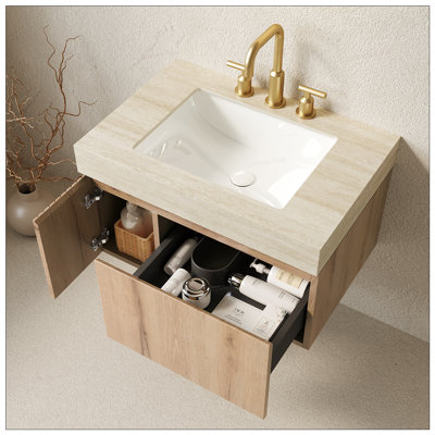 Modern Floating Bathroom Vanity with Plywood Storage, Roma Travertine Sintered Stone Top, and Ceramic Basin