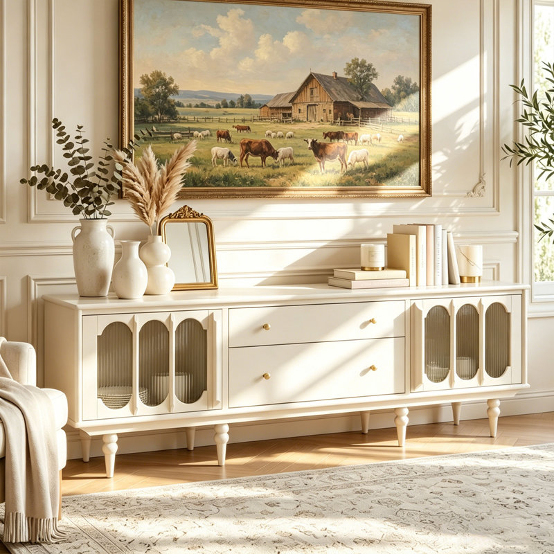 78.74" French Country TV Stand for 75-85 Inch TVs, Cream White TV Console with Arched Fluted Glass Doors & Storage Drawers, Modern Farmhouse Media Cabinet for Living Room