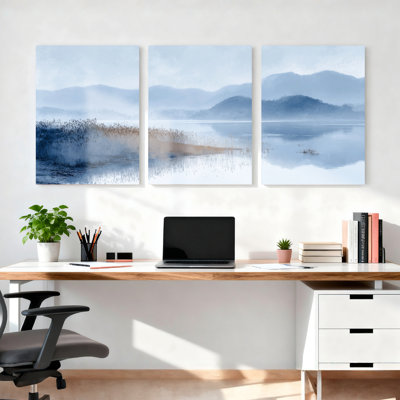 Paysage abstrait avec montagnes et eau, reproduction d'art sur toile tendue sur toile, ensemble de 3