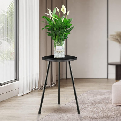 Support à plante ajustable de style Mid-Century moderne, plateau en bois massif avec pieds en métal, table à plantes ronde et table de bout pour la décoration intérieure et extérieure, noir