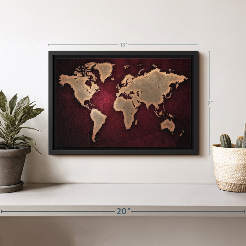 «Maroon World Map Wall Art», H 9 po x l 13 po