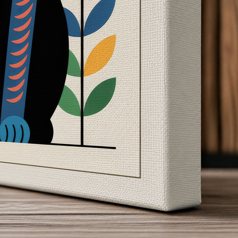 Decorated Cat in Folk Art Mid-Century 1 Piece Wrapped Canvas Wall Art, 18x12 - 45.7 x 30.5 cm, Cream Border