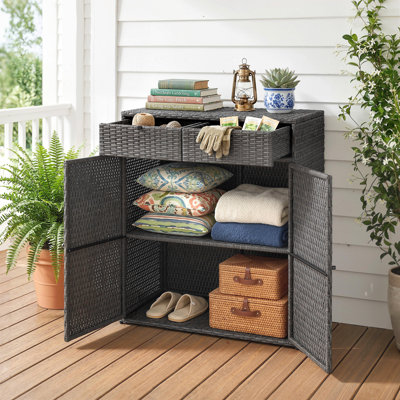 Armoire de rangement d'extérieur en osier avec 2 tiroirs, tablettes, gris foncé