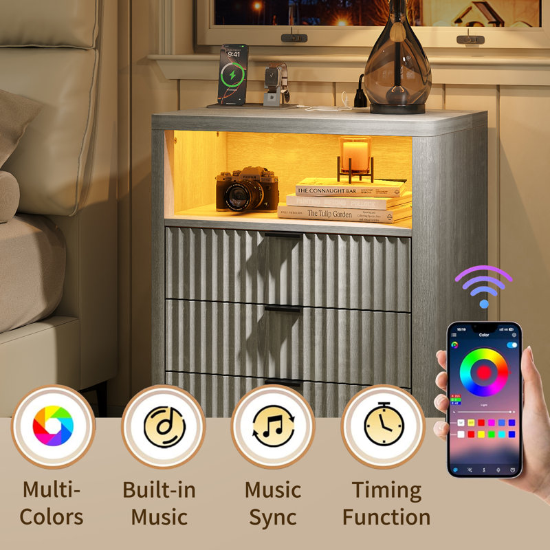 Fluted Night Stand With LED Light & Charging Station, Nightstand With 3 Storage Drawers, 23” Wide Top, Modern Farmhouse Bedside Table For Bedroom, Living Room, Closet