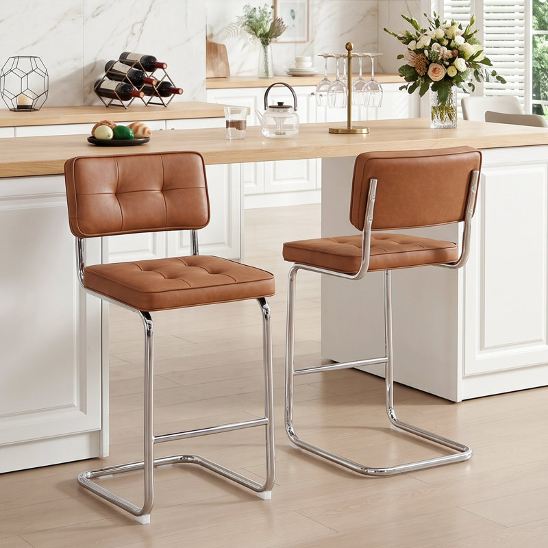 Tabouret de bar cantilever Marlow 25,6 po de style moderne du milieu du siècle, en similicuir, avec dossier et structure en acier