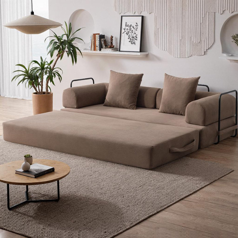 Canapé-lit modulaire pliable compressé avec structure en métal, canapé convertible 2 places en velours côtelé avec pochette de rangement pour les petits espaces, les appartements et les dortoirs