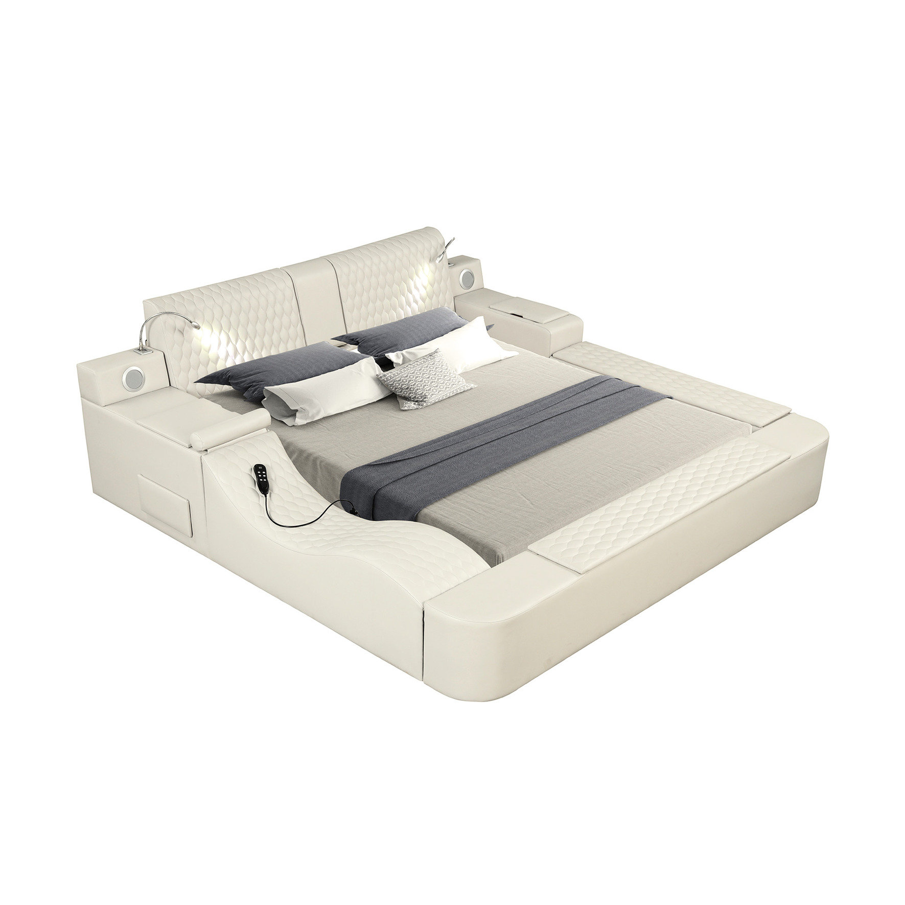 Everly Quinn Modern Beige Queen Bed With Massager Chair & Side Storage ...