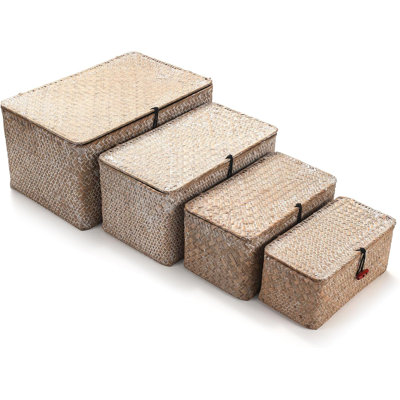 Paquet de 4, paniers en osier avec couvercles, paniers de rangement en ruppie maritime Nautral, paniers de rangement en osier pour l'organisation, panier de rangement rectangulaire rustique, organisateur de rangement en rotin pour tablette blanc délavé