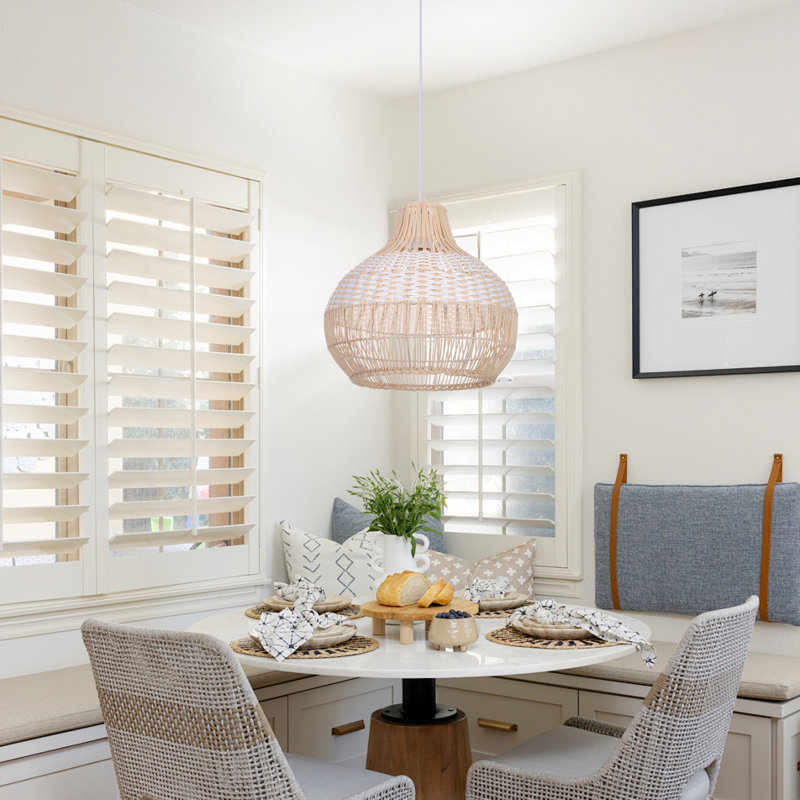 Calpella -Natural and White Rattan Light Pendant, 11.81" H x 11.81" W x 11.81" D