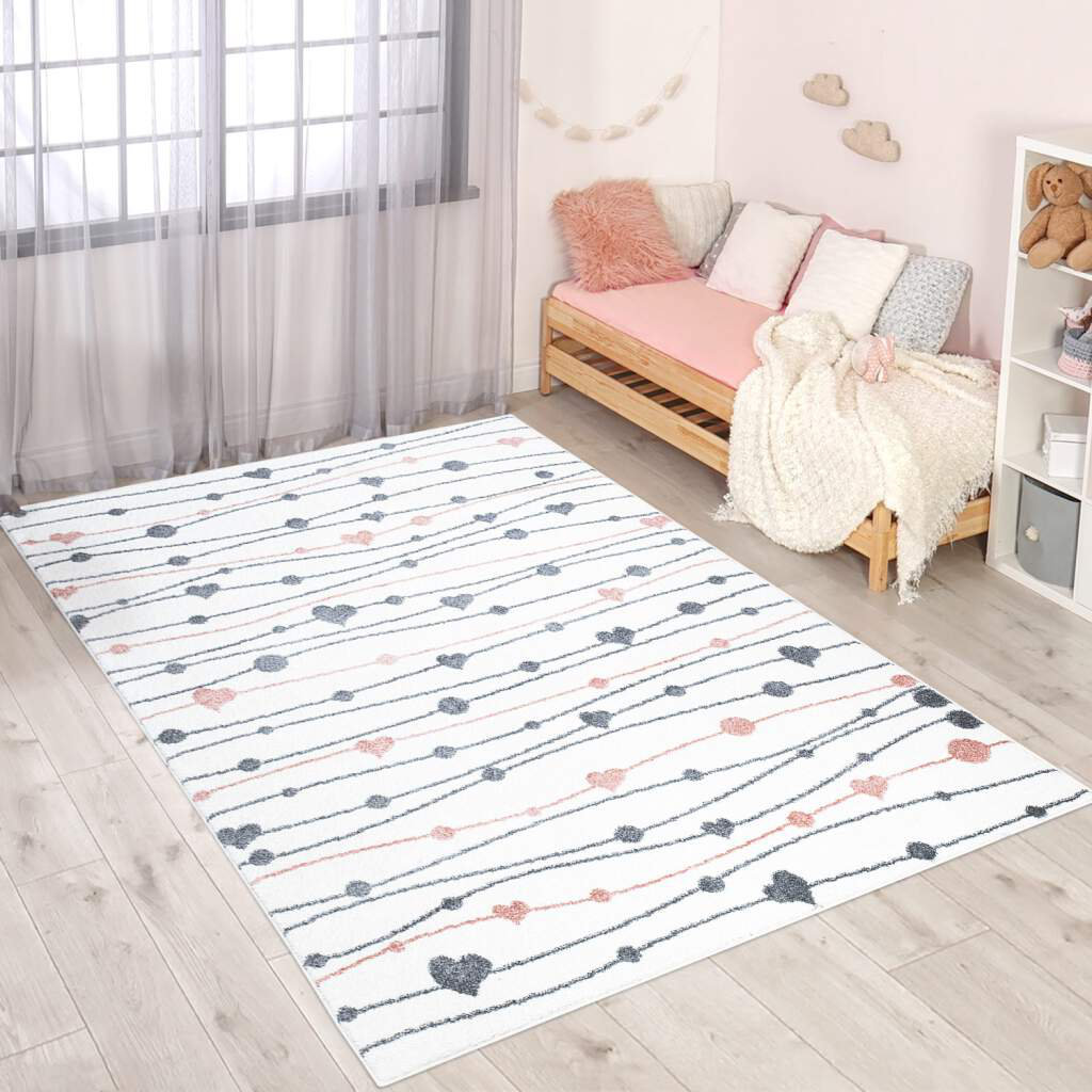 Kinderteppich Anime 901 Creme Herzen Kinderzimmer Kurzflor Ayomide