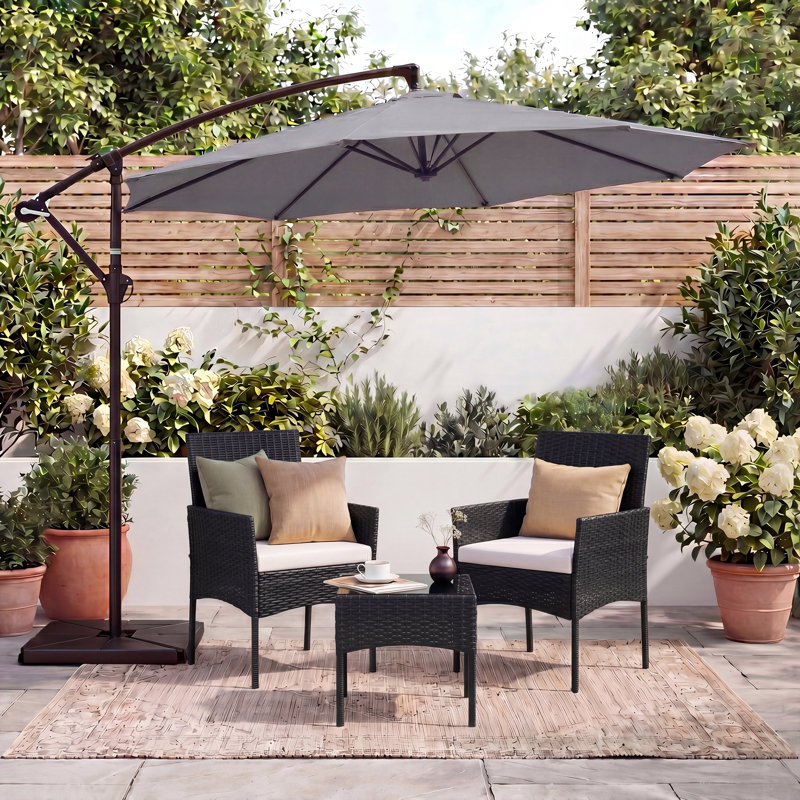 3 Piece Wicker Patio Conversation Set With Cantilever Umbrella, Dark Blue, Black
