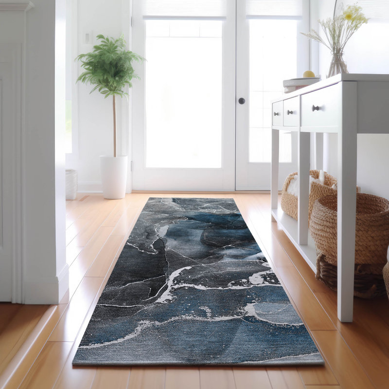 Premium Machine Washable Cerrito AMF503 Blue Rug, Runner 2'3" x 7'6"