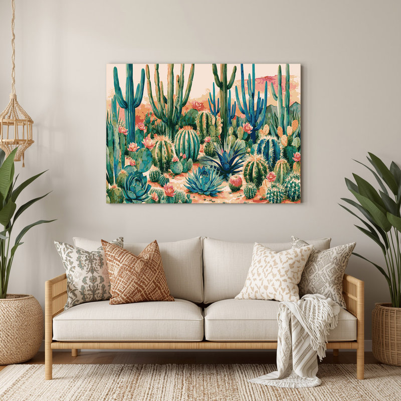 Art mural en métal beige 98 "Southwestern Landscape Cactus Garden"