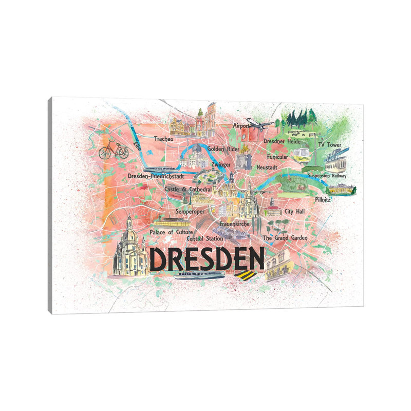 Dresden Saxony Germany Illustrated Map With Main Roads Landmarks And Highlights by Markus & Martina Bleichner - Wrapped Canvas Gallery-Wrapped Canvas Giclée