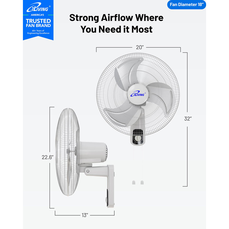 iLIVING ILG8IN18X Glow Oscillating Wall Mount Fan with Adjustable Tilt, 18-inch, 3 Speed, Metal Grille and Blade, 90 Degree Oscillation, Airflow 1650CFM, Ideal for Home, Bedroom, Gym & Office, Greenhouse