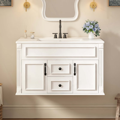 36 inch Wall Mounted Bathroom Cabinet with Ceramic Sink and Drawers, French Simple Style Vanity with Soft Closing Hinges