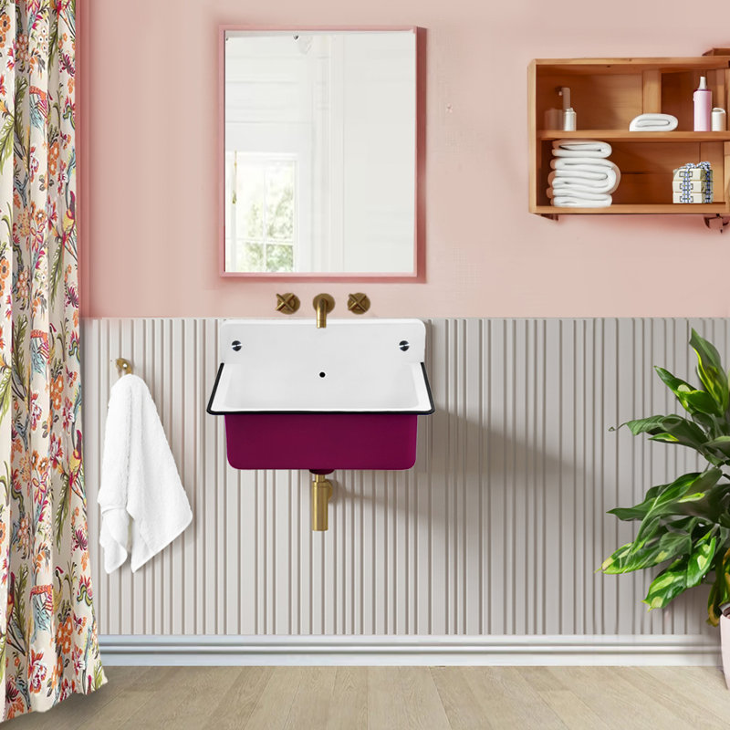Anchor 14" Iron Rectangular Wall Mount Bathroom Sink with Overflow, Pink