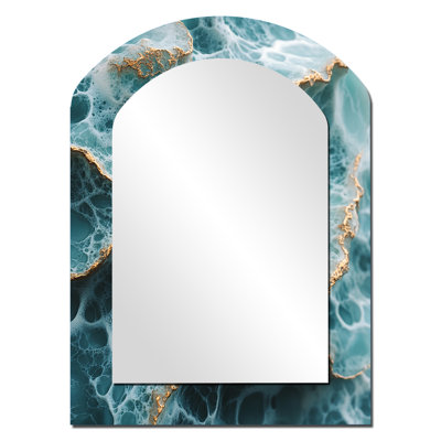 «Green and Gold Coastal Oceans Pulse» - miroir mural unique à arche côtière, miroir asymétrique vert, impression sur métal
