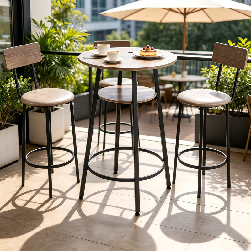 A Light Gray And Black Three-Piece Rounded Bar Table And Chair Set, With A Round Table And Two Bar Stools, Suitable For Breakfast Areas, Minibars And Small Office Spaces.
