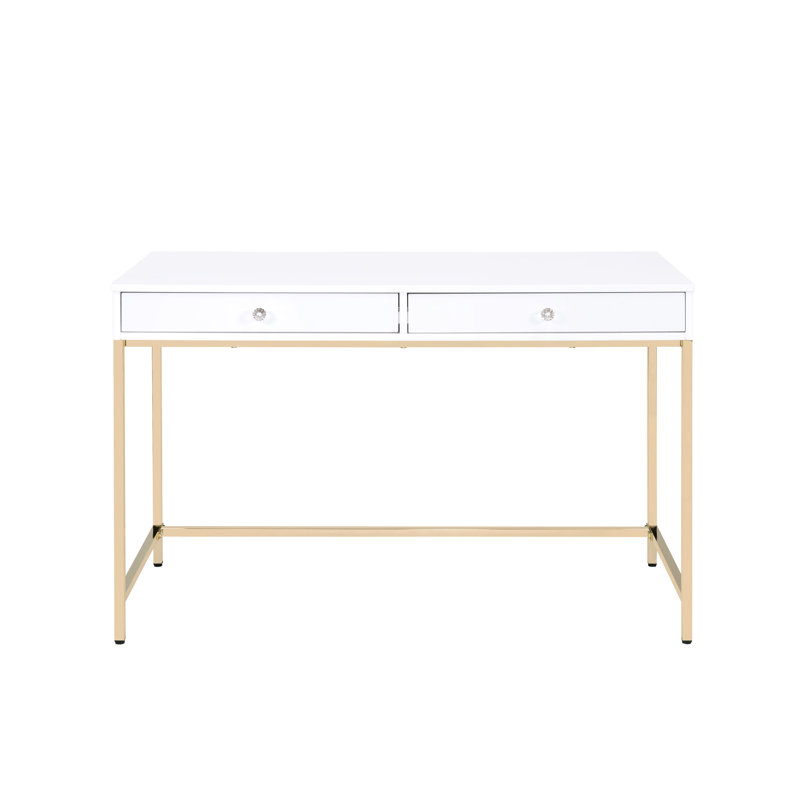Bureau d'écriture blanc ultrabrillant avec 2 tiroirs de rangement et or