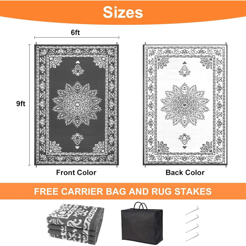 Reversible Outdoor Rug Plastic Straw Patio Rug Large Camping Mat, Rectangle 6' x 9', Gray