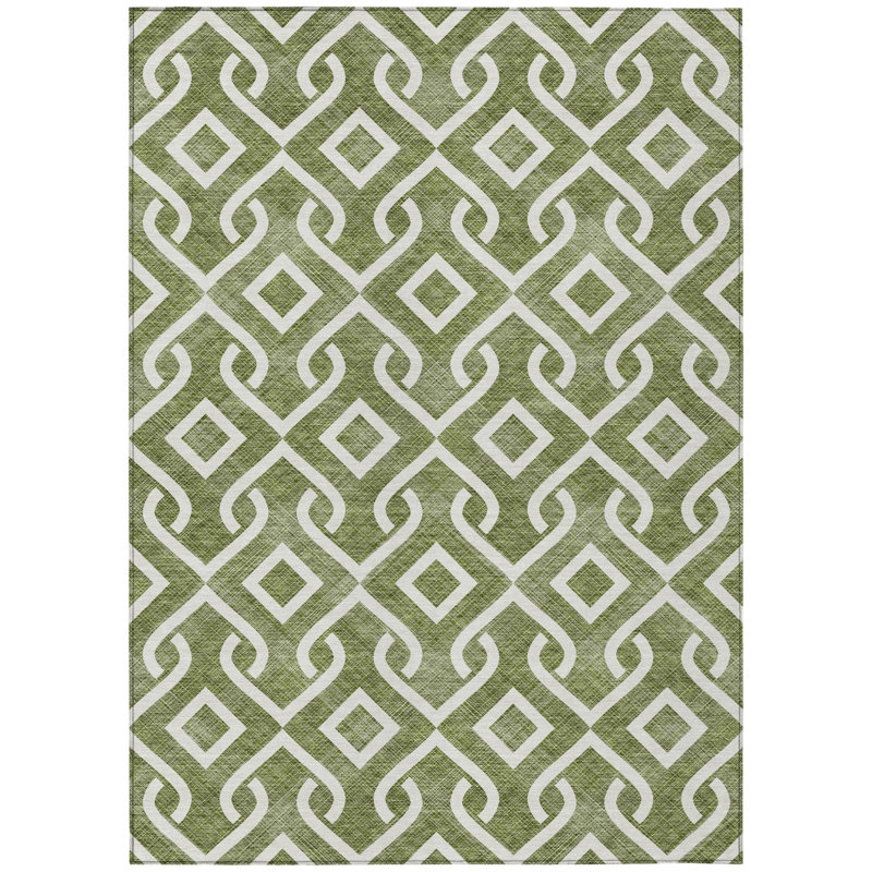 3' X 5' Olive Green And Ivory Geometric Washable Indoor Outdoor Area Rug