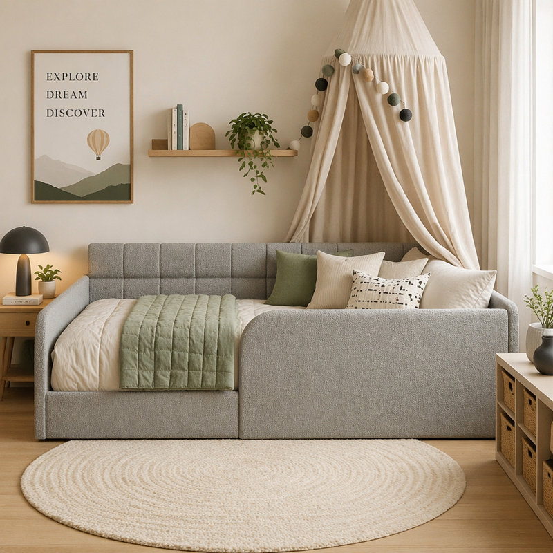 Lit de jour double en tissu avec un tiroir Boucle, Gris
