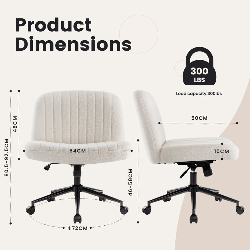 Milicent Armless Wide Desk Chair with Wheels, Teddy, White
