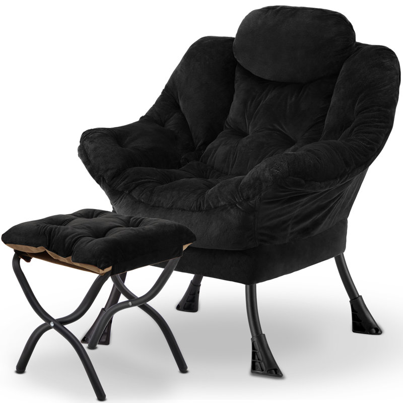 Soft Fabric Lazy Chair With Foling Ottoman,Thick Padded Modern Accent Armchair,Contemporary Lounge Chair With Side Pocket,Reading Chair With Footstool For Bedroom,Living Room