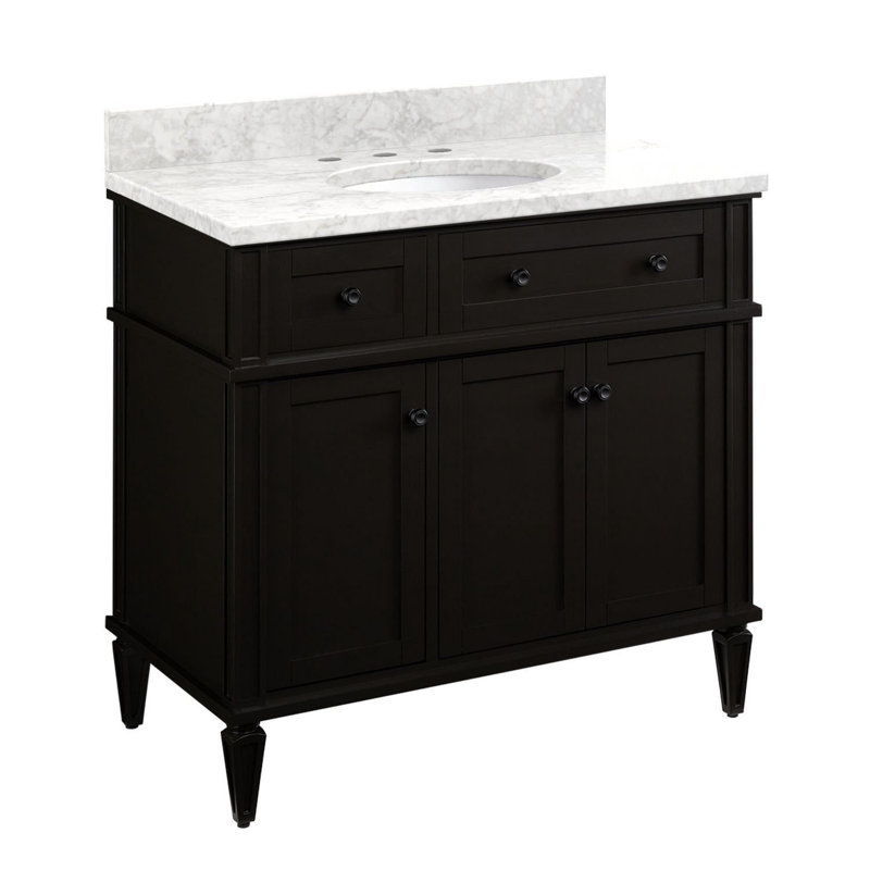 Elmdale 36" Freestanding Mahogany Single Basin Vanity  Oval Undermount Sink - 8" Faucet Holes, Carrara Marble, Charcoal Black