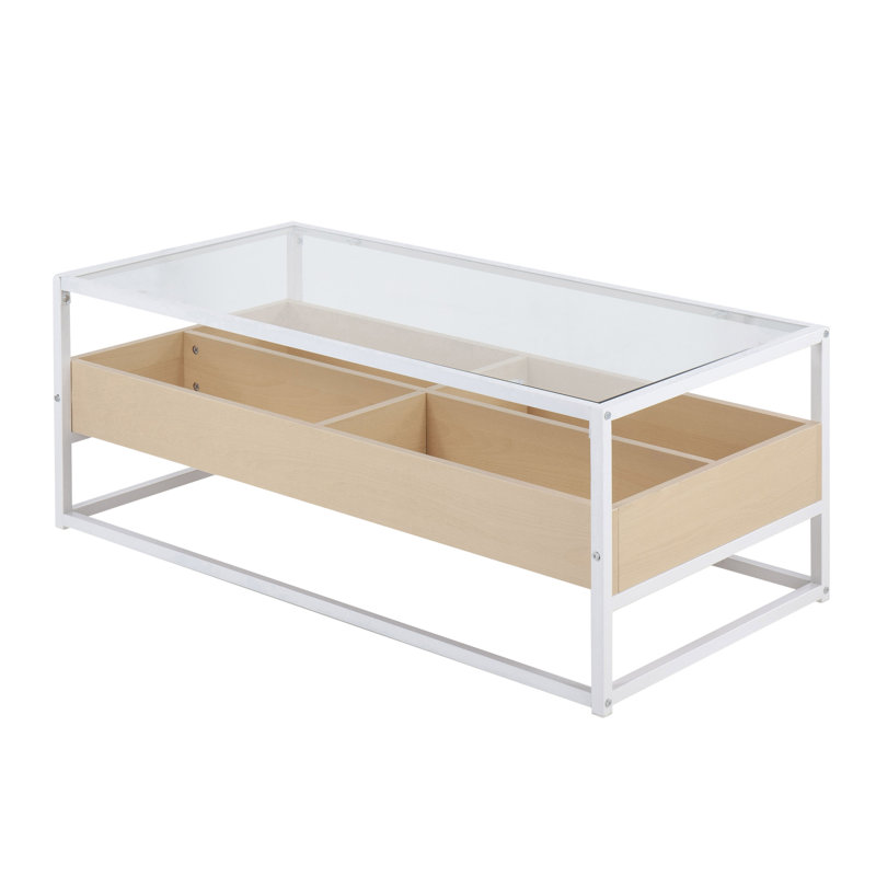 Table basse contemporaine en métal blanc, bois naturel et verre transparent