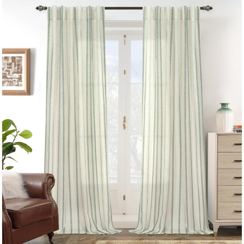 Farmhouse Striped Linen Blend Textured Light Filtering Semi Sheer Rod Pocket Back Tab Curtains, Navy, 52" W x 96" L
