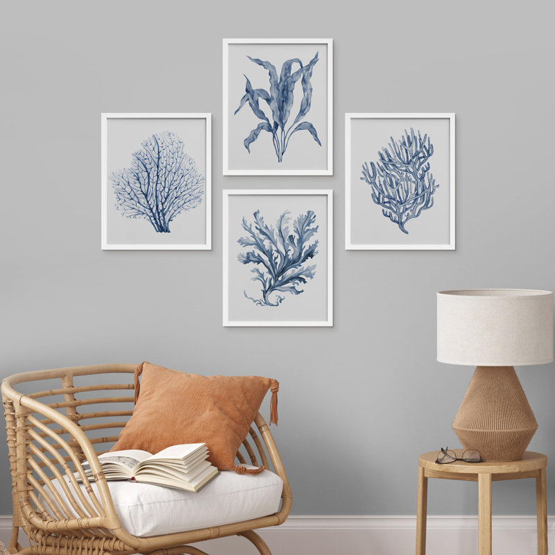 " Navy Blue Marine Coral Leaves Floral Botanical Plant " 4 - Pieces, White, 16" H x 12" W